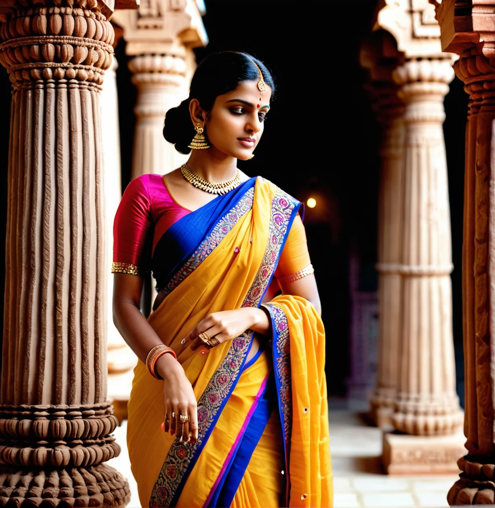 26 years old North Indian lady in classic India attire, wearing a rich brocade sari with detailed embellishments, standing amidst an ancient temple courtyard with grand pillars and sacred carvings, the mood is contemplative and spiritual, highlighting the sacred and historical essence of the setting, Sculpture, detailed marble sculpture emphasizing intricate carvings and textures