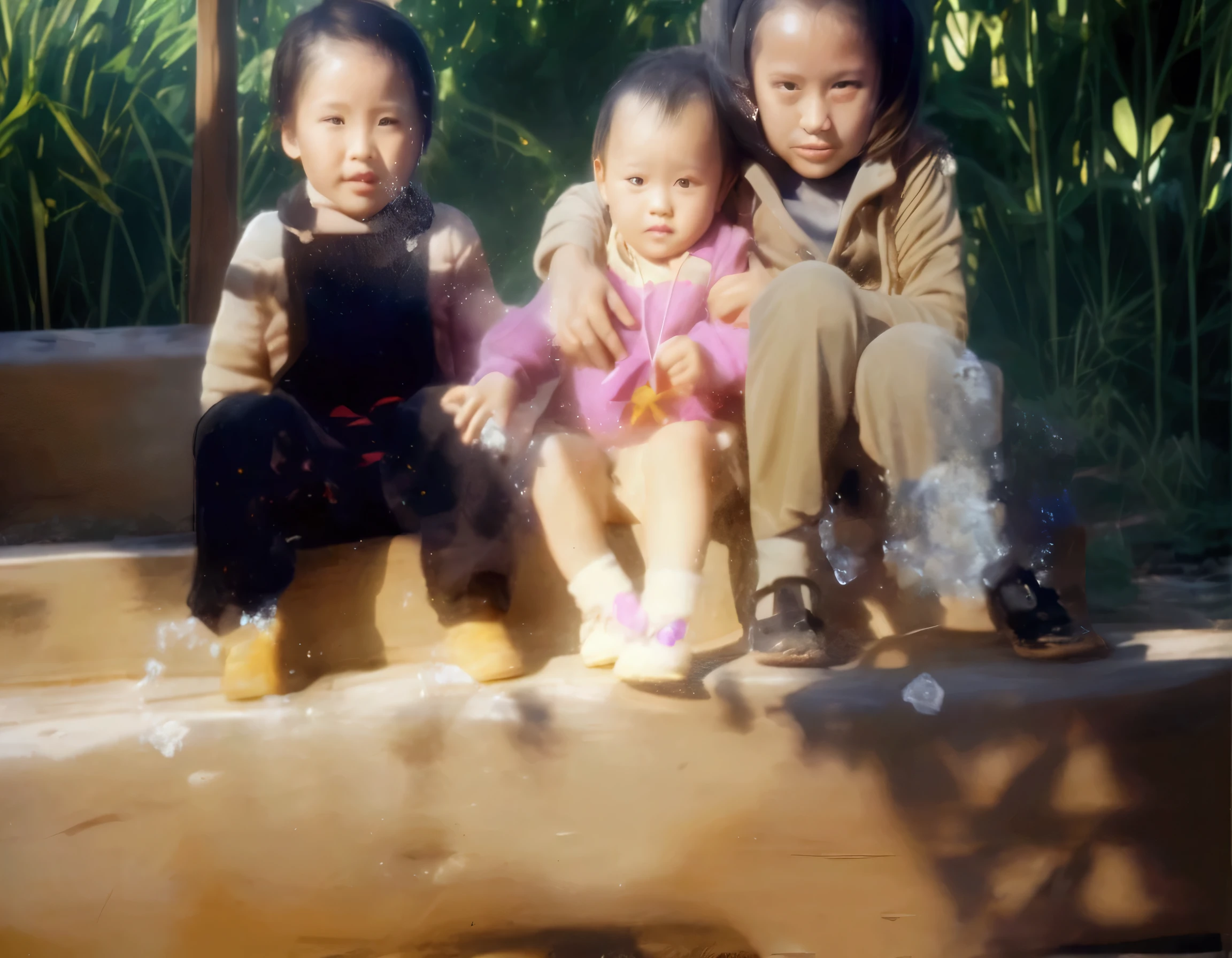 Candid photo of three small Asian children sitting on wooden benches at the zoo. The layout is horizontal, with children placed side by side. The child on the left has short dark hair, a light brown complexion, and is wearing a beige sweater and black overalls. The middle child looks younger, has short hair, light skin, and is wearing bright pink clothes and yellow shoes. The little girl on the right has longer hair, light brown complexion, and is wearing a hooded jacket and beige pants. The background is filled with the ecological beauty of outdoor nature, hinting at the natural outdoor environment. The lighting is soft and creates a warm and pleasant atmosphere.