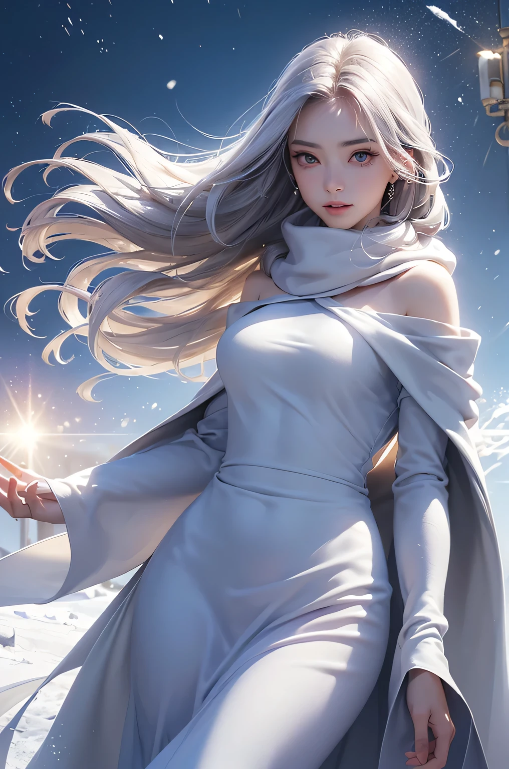 ((masterpiece:1.5、8k、Portraiture、Photorealistic and very detailed CG、Very detailed、Particle Effects、Dynamic Effects、Shallow depth of field、Cinematic Light、Lens flare、Ray Tracing、Tabletop、Realistic:1.4、Ultra-high resolution:1.2、Realistic、Realistic))((alone、,A woman wearing a cashmere coat over an off-the-shoulder dress:1.4、wear a long scarf、Elegant woman posing、Detailed face、brightexpression、young, bright, Whiter skin、Ample breasts、Best Looks、Ultimate beauty、Shiny silver hair with highlights、bright and shiny hair,、Super long, Silky straight hair、Hair dancing in the wind))(morning、The setting is outdoors in the snow、Surrounded by illuminations)