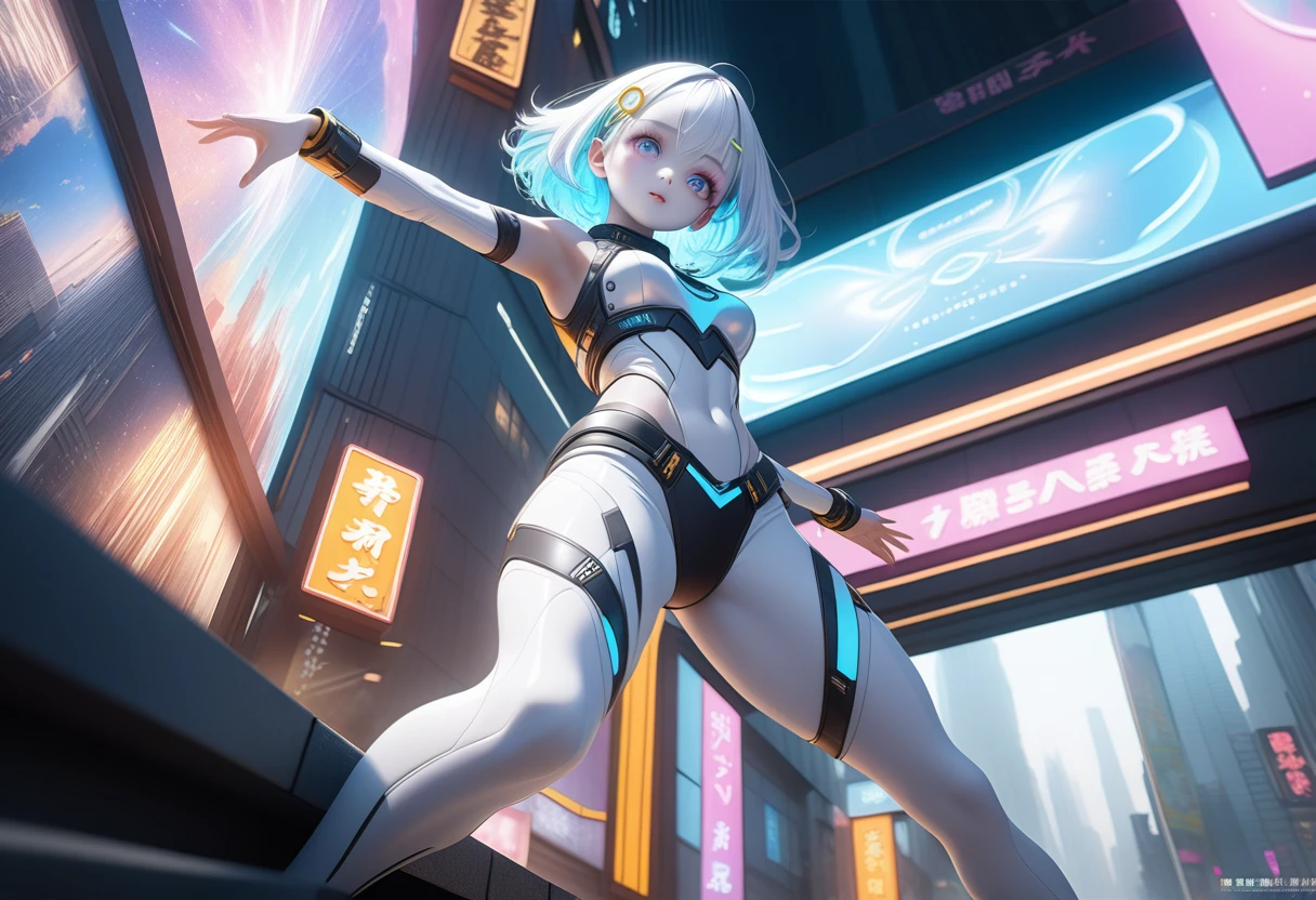 ,品質\(8k,extremely detailed CG unit wallpaper, Masterpiece artwork,high resolution,top-品質,top-品質 real texture skin,hyperrealisti,Increase the resolution,RAW Photos,melhor 品質,highy detailed,The wallpaper,cinematic lighting,ray tracing,golden ratio\), break ,1 girl\(cute,kawaii,little ,shorth hair,neon hair color,hair clip,cosmic eye color,eyes large,pale skin,extremely white skin,shinny body,Futuristic costume,(open stomach:1.0),six pack abs,(cute pose:1.6)\),fund\(in the noisy city,neon lights,out,natta,skyscraper\), break ,(dynamic angle:1.5),(from low:1.5),(ground level shooting:1.5),(directly below:1.5)