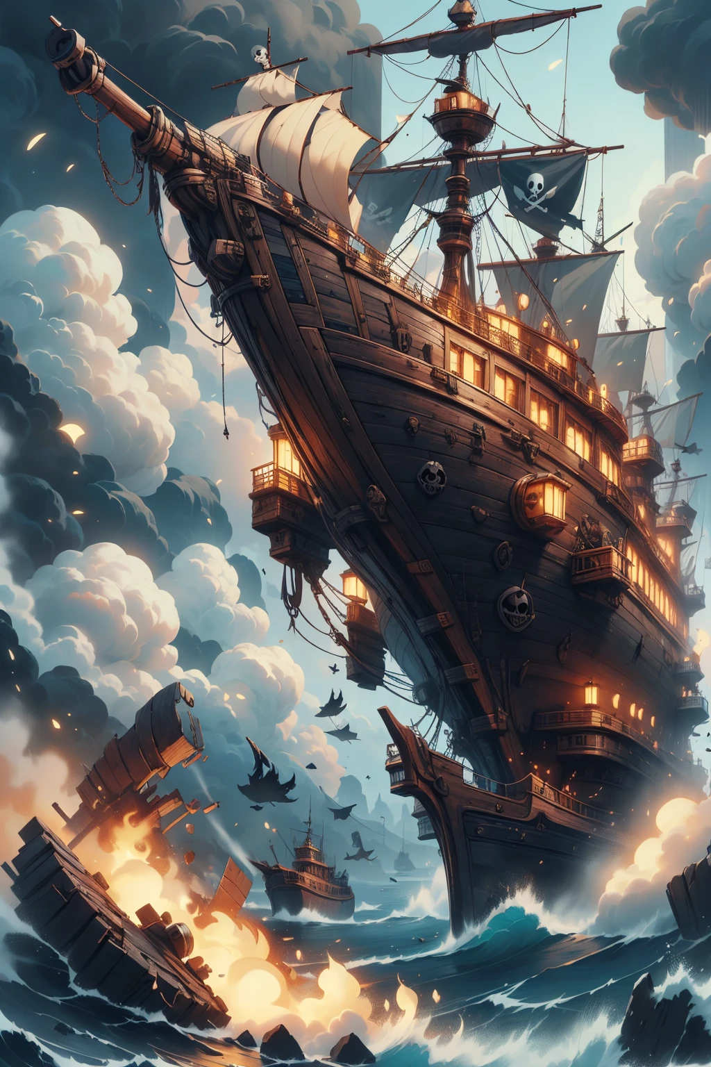 ((two ship:1.6, one pirate ship with skull and crossbones flag:1.5 in foreground, another British ship with burning British flag, fighting among cannon fire, smoke, a huge galleon, skull and crossbones pirate insignia:1.4, smoke fire pirates at war:1.7)), ((firing cannons at British warships:1.4)), stormy ocean:1.3, cloudy sky, dramatic lighting, cinematic camera angle, highly detailed, photorealistic, 8k, award-winning digital art, oil painting, muted color palette, chiaroscuro lighting, dynamic composition, dramatic atmosphere