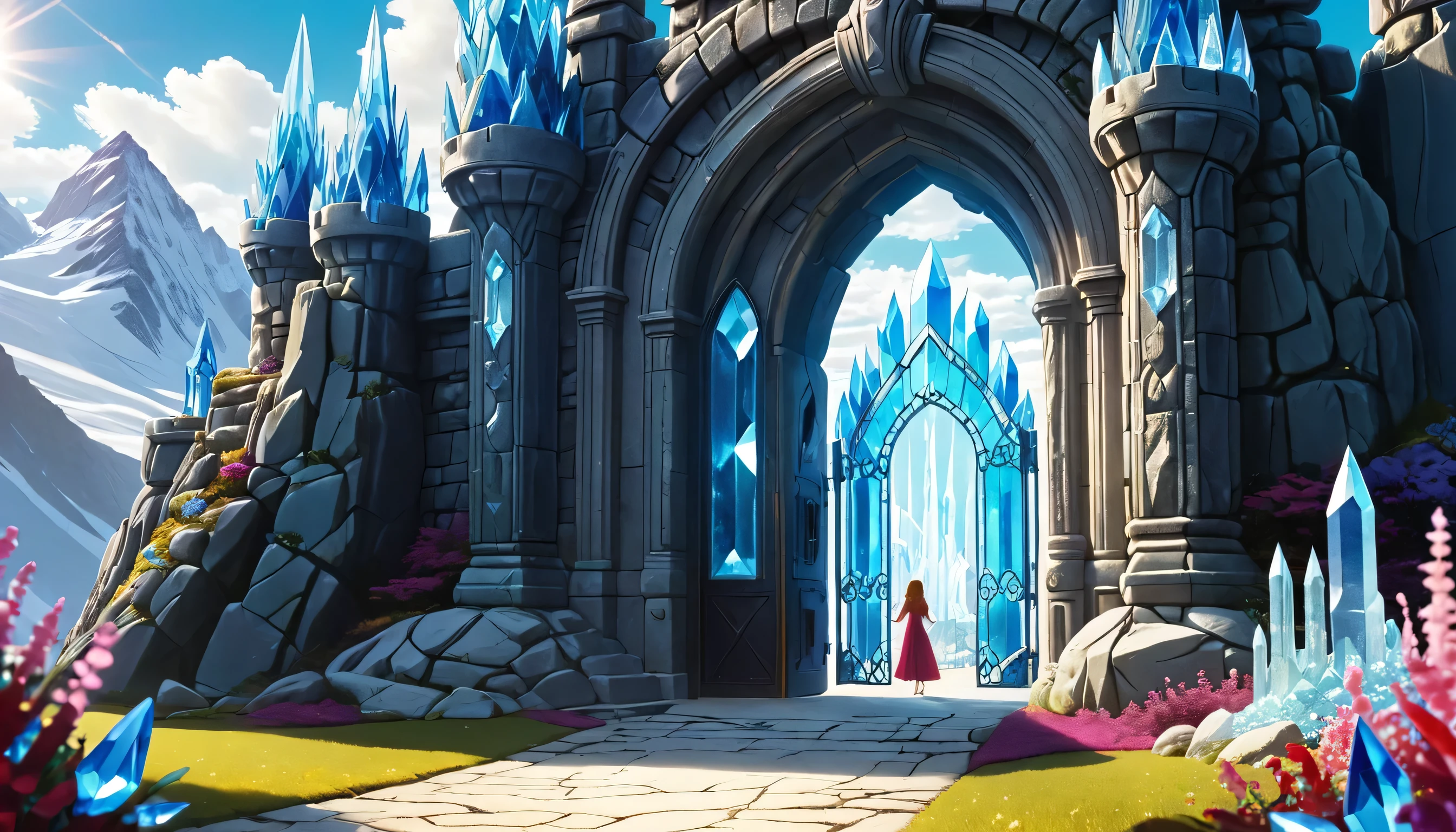 In front of the Crystal Castle,The door is open,The ground in front of the door is made of sparkling crystals,There is a passage in the crystal that leads to the castle,There are two crystal statues on both sides of the gate.。The sun's rays reflected off the castle walls。8k,high quality,Rich details。