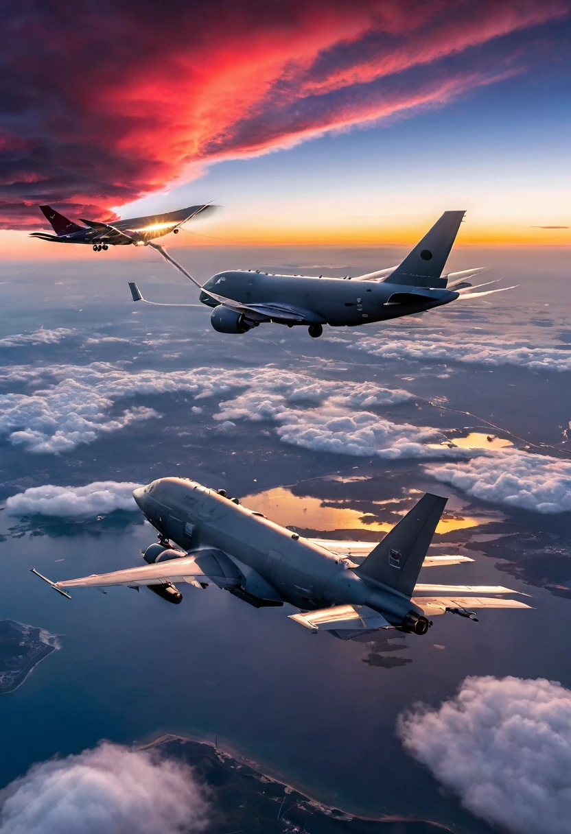 8K quality, ultra-high definition realism, at dusk, over Japan, a Japan Air Self-Defense Force KC-46A aerial refueling transport aircraft and an F-35A fighter jet are connected by a refueling cable, looking up at the two aircraft from below, with crimson clouds dyed by the setting sun in the background.