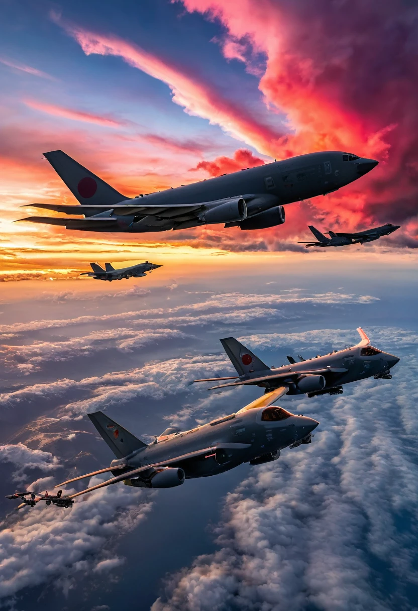 8K quality, ultra-high definition realism, at dusk, over Japan, a Japan Air Self-Defense Force KC-46A aerial refueling transport aircraft and an F-35A fighter jet are connected by a refueling cable, looking up at the two aircraft from below, with crimson clouds dyed by the setting sun in the background.
