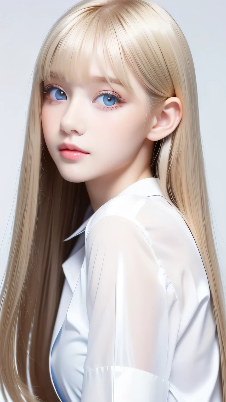 Unparalleled beauty, Firm and radiant skin, Bangs between the eyes, Beautiful shiny, straight, natural platinum blonde, Super long, straight, silky hair, eyeliner, Sexy beautiful innocent , Beautiful, large, light blue eyes that sparkle like jewels., Beautiful and lovely girl, Baby Face, Short sleeve shirt、