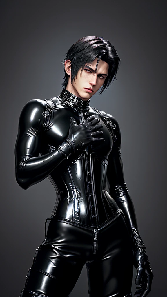 ((Final Fantasy taste reality graphics)), ((young, cute and cool ikemen boy)),,,his age is early 20s, thin eyebrows and beady eyes, ((he is wearing black shiny thin and coverall latex catsuit with front zipped up)),((catsuit is long sleeve)), ((put on black shiny and coverall full finger latex glove on both hands)),((catsuit,glove and corsets is very tight-fitting)),,((black color long length race-up leather boots)),((also put on leather corset, with many belts, girth and both wrists)),((put on a black neck corset, vertical width is very long length)), ((cool atmosphere)),((dont show finger)),((boy is must no bare hands)),,((all clothes is smooth taxtrue)),((boy is average height and weight medium build)),,