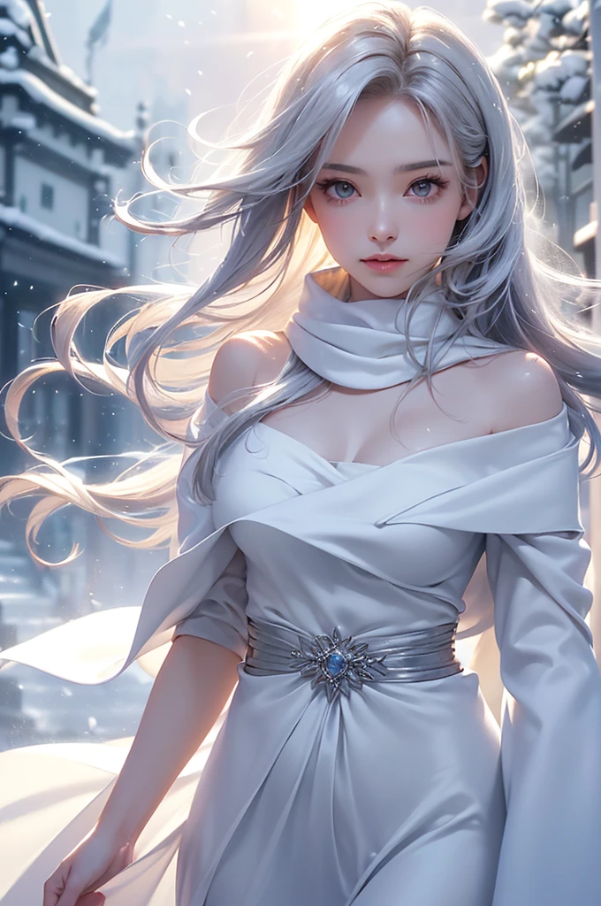 ((masterpiece:1.5、8k、Portraiture、フォトリアリスティックでVery detailedなCG、Very detailed、Particle Effects、Dynamic Effects、Shallow depth of field、Cinematic Light、Lens flare、Ray Tracing、Tabletop、Realistic:1.4、Ultra-high resolution:1.2、Realistic、Realistic))((alone、,A woman wearing a cashmere coat over an off-the-shoulder dress:1.4、wear a long scarf、Elegant woman posing、Detailed face、bright表情、young, bright, Whiter skin、Ample breasts、Best Looks、Ultimate beauty、Shiny silver hair with highlights、bright and shiny hair,、Super long, Silky straight hair、Hair dancing in the wind))(morning、The setting is outdoors in the snow、Surrounded by illuminations)
