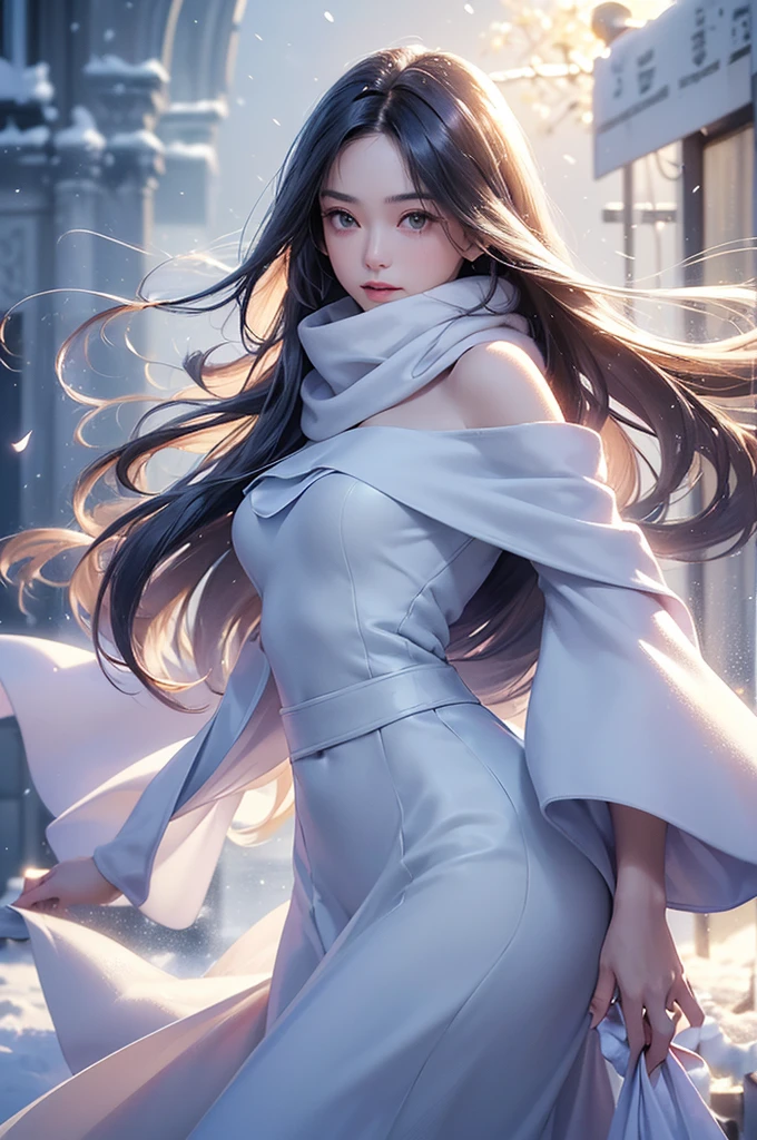 ((masterpiece:1.5、8k、Portraiture、フォトリアリスティックでVery detailedなCG、Very detailed、Particle Effects、Dynamic Effects、Shallow depth of field、Cinematic Light、Lens flare、Ray Tracing、Tabletop、Realistic:1.4、Ultra-high resolution:1.2、Realistic、Realistic))((alone、,A woman wearing a cashmere coat over an off-the-shoulder dress:1.4、wear a long scarf、Elegant woman posing、Detailed face、bright表情、young, bright, Whiter skin、Ample breasts、Best Looks、Ultimate beauty、Shiny silver hair with highlights、bright and shiny hair,、Super long, Silky straight hair、Hair dancing in the wind))(morning、The setting is outdoors in the snow、Surrounded by illuminations)