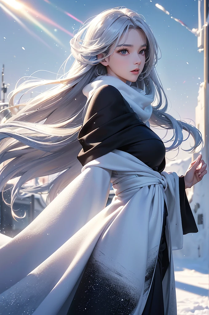 ((masterpiece:1.5、8k、Portraiture、フォトリアリスティックでVery detailedなCG、Very detailed、Particle Effects、Dynamic Effects、Shallow depth of field、Cinematic Light、Lens flare、Ray Tracing、Tabletop、Realistic:1.4、Ultra-high resolution:1.2、Realistic、Realistic))((alone、,A woman wearing a cashmere coat over an off-the-shoulder dress:1.4、wear a long scarf、Elegant woman posing、Detailed face、bright表情、young, bright, Whiter skin、Ample breasts、Best Looks、Ultimate beauty、Shiny silver hair with highlights、bright and shiny hair,、Super long, Silky straight hair、Hair dancing in the wind))(morning、The setting is outdoors in the snow、Surrounded by illuminations)