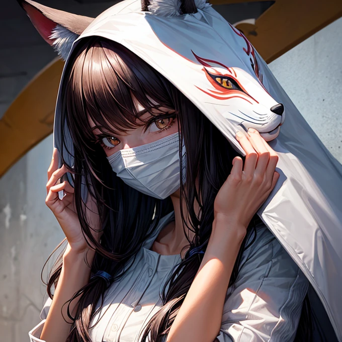 A woman in a hiding her face with a fox mask