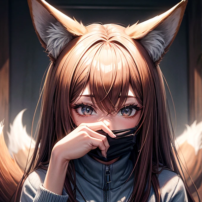 A woman in a  hiding her face with a fox mask