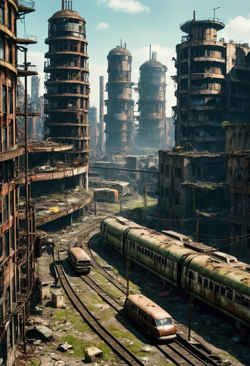 Image of the center of a modern ultra futuristic abandoned city with a rusty and dirty abandoned train among the dirty modern round and circular buildings in ruins and factories with round and tall chimneys. cyberpunk style, Science fiction, top view from a height of 30 meters, apocalipse nuclear, urban scenery with traffic light poles and fallen wires,  there is a fence around the buildings, There are billboards fallen from buildings. as realistic as possible.