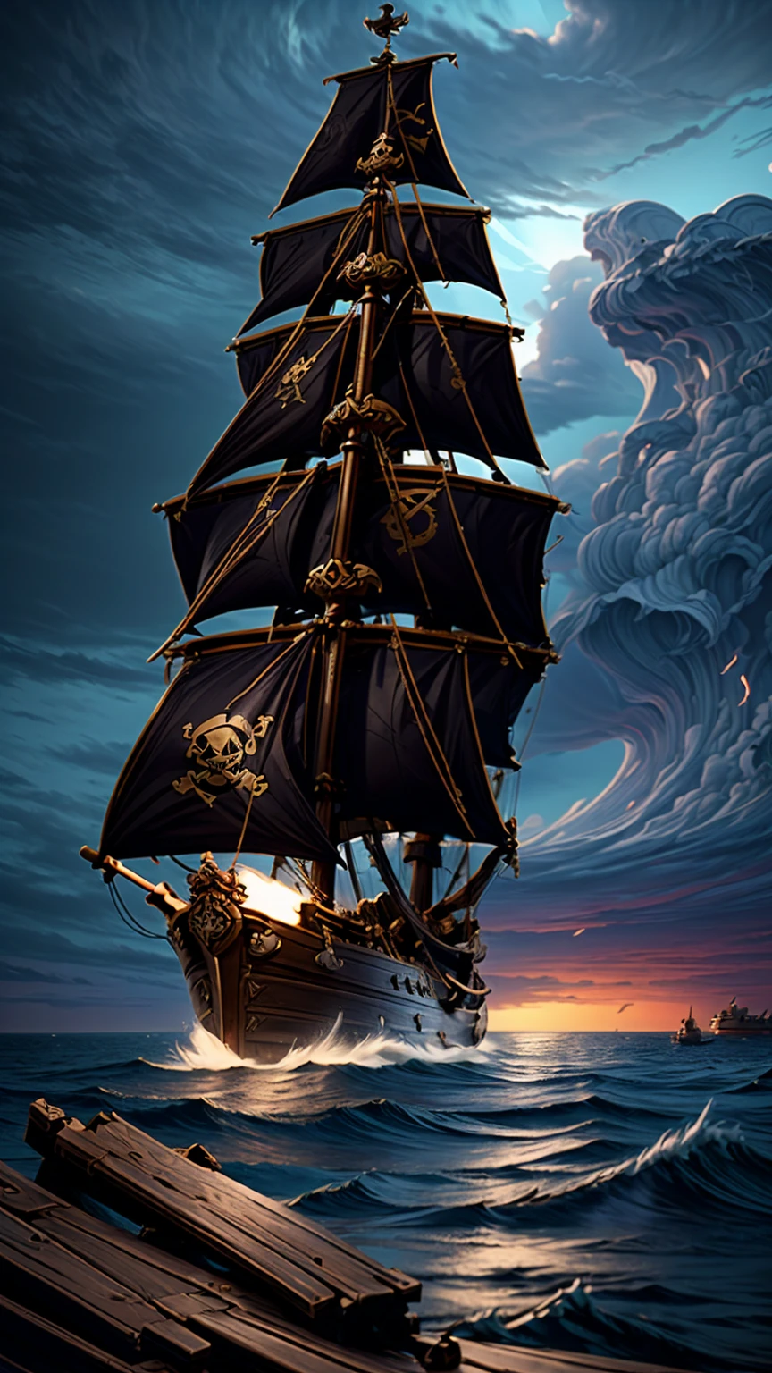 a huge pirate ship battle, two rival pirate captains fighting each other with swords in an intense duel, crew members watching the fight, thunderstorm clouds in the sky, ocean waves crashing against the ships, dramatic lighting, highly detailed, cinematic composition, realistic textures, gritty and weathered, epic fantasy, moody color palette, dramatic shadows and highlights