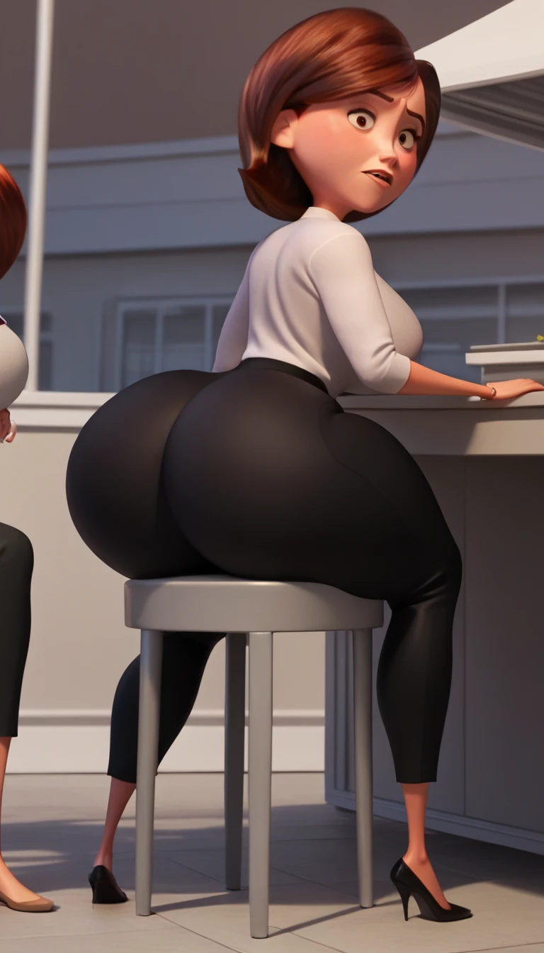 The Incredible, 3d:1.5, 1woman:1.1, poured, maroon hair, violet parr:1.1, public, sitting on the chair, Helen Parr ,独奏, white shirt, black pants, huge ass, Round ass, huge breasts, Butt crack, looking back