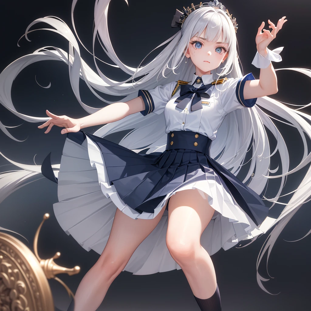 (Extremely detailed CG:1.2), (masterpiece:1.2), (best quality:1.2),,((absurd)),Looking at the audience,whole body, ,(1 Girl),Solitary,(Long hair),(Mataiyong uniform),(White short sleeve shirt),(navy_Blue pleated skirt),(Long skirt),Dynamic Angle,permanent,Dynamic poses,((Exquisite facial features)),, 