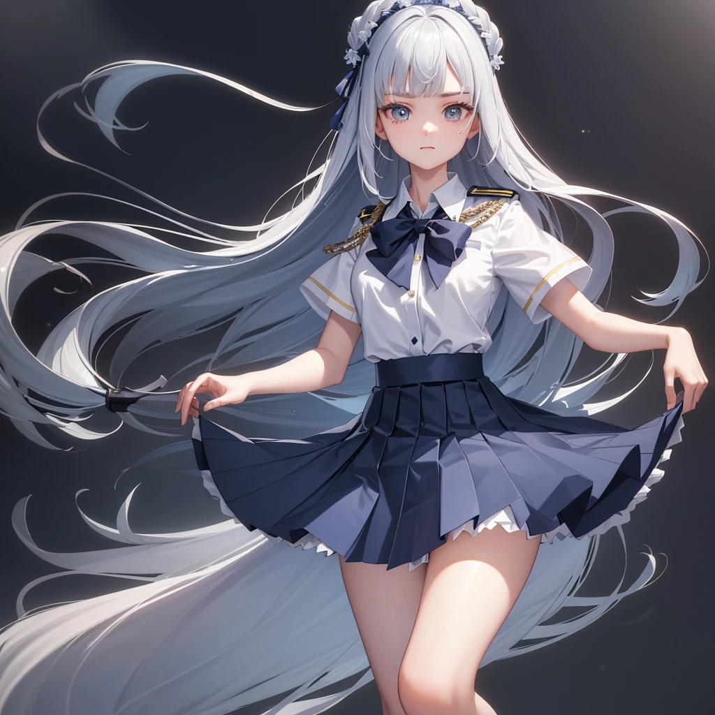 (Extremely detailed CG:1.2), (masterpiece:1.2), (best quality:1.2),,((absurd)),Looking at the audience,whole body, ,(1 Girl),Solitary,(Long hair),(Mataiyong uniform),(White short sleeve shirt),(navy_Blue pleated skirt),(Long skirt),Dynamic Angle,permanent,Dynamic poses,((Exquisite facial features)),,