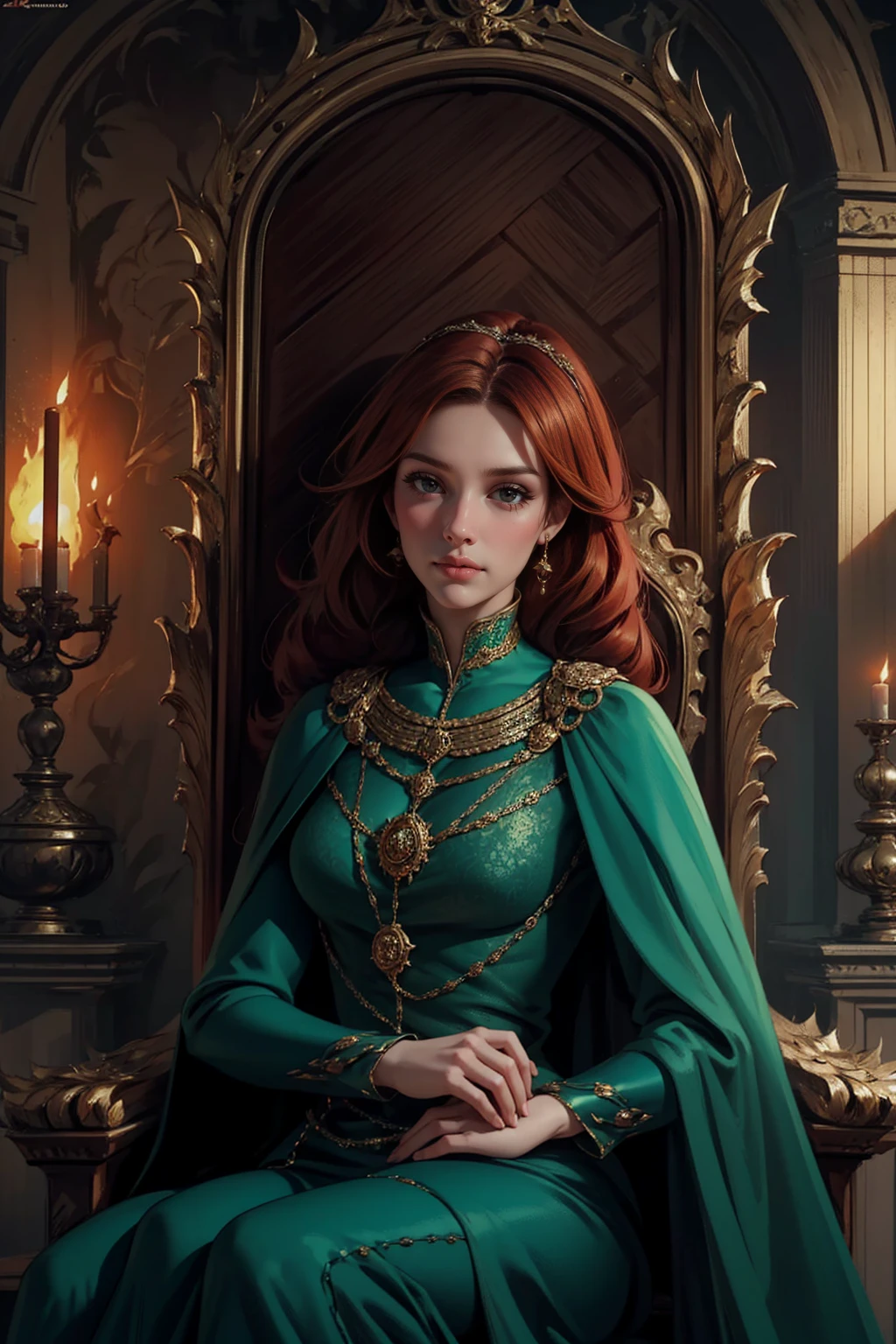 {-erro_de_anatomia:1.0} woman 40 years old, victorian era, queen clothes, (green dress), dark castle, a woman (alicent hightower), meddium dark red hair (dark red hair), (brown eyes) . Indifferent look , merciless. among the dragons, dinamic poses, egoist smile, upper body, sitting in the iron throne