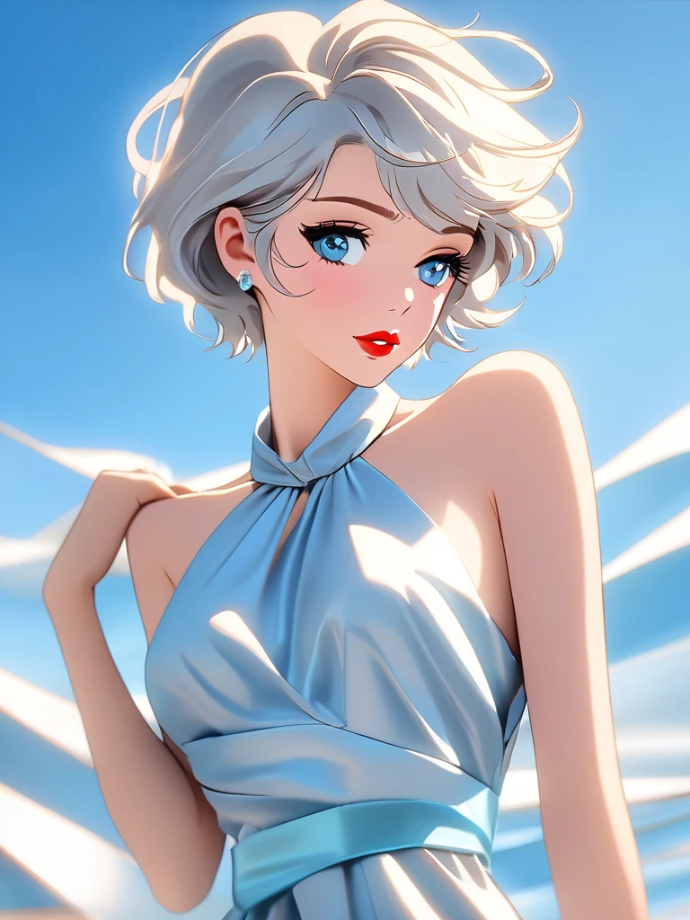 Best quality, pastel color theme, beautiful face and skin, (1 adult female), close up on lips, pale face, short hair, windblown, silver hair, (shiny red lips tightly closed), blue topaz eyes, slanted eyes, model pose, full body, wide angle, cleavage, loose halter neck sleeveless dress,