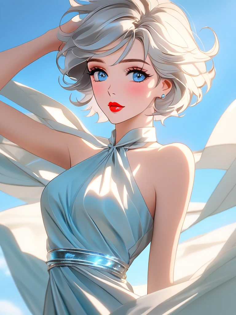 Best quality, pastel color theme, beautiful face and skin, (1 adult female), close up on lips, pale face, short hair, windblown, silver hair, (shiny red lips tightly closed), blue topaz eyes, slanted eyes, model pose, full body, wide angle, cleavage, loose halter neck sleeveless dress,