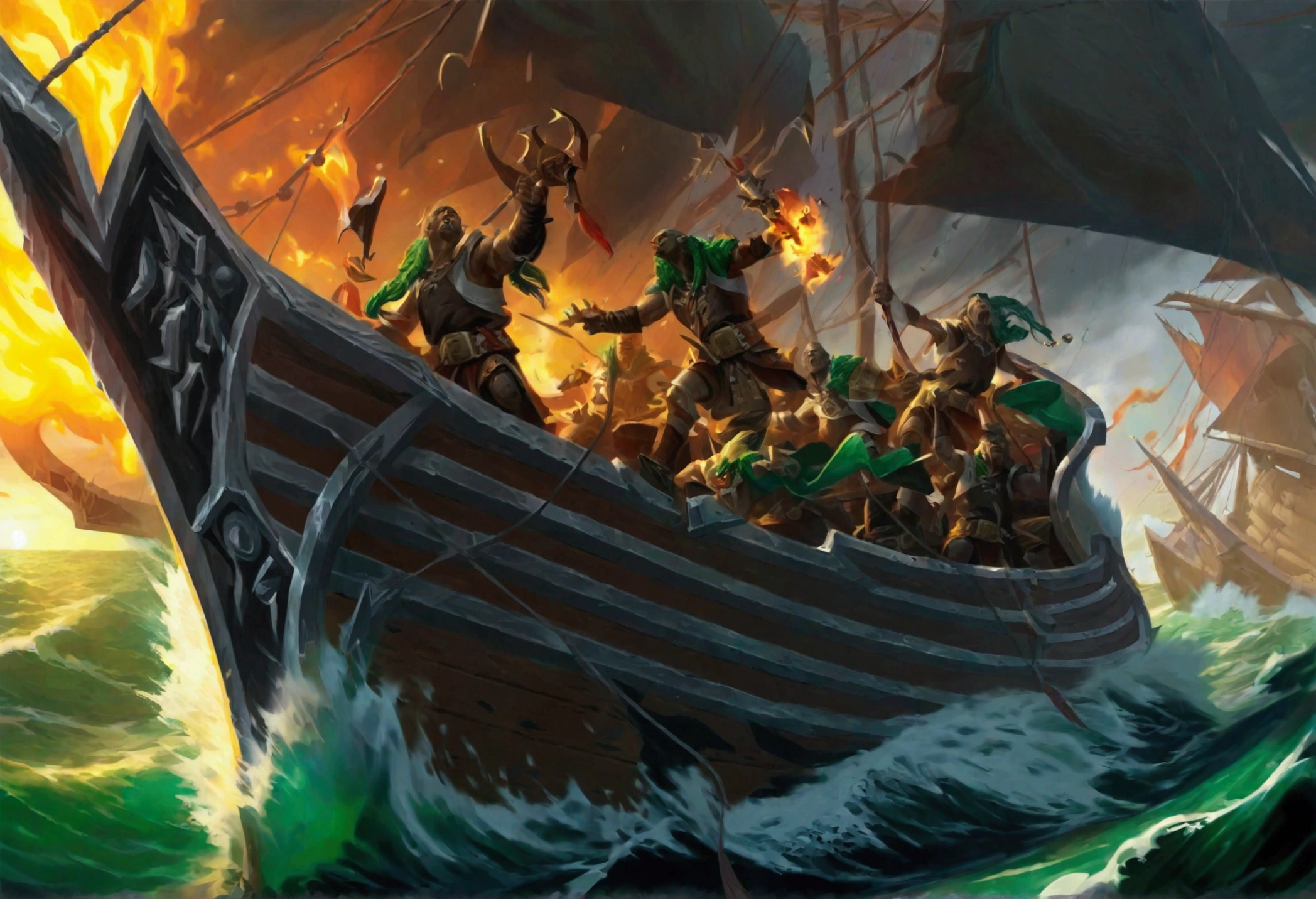 Warhammer Fantasy, Ork Pirates riding an enormous vicious turtle storm an Elven ship battling the crew and setting fires