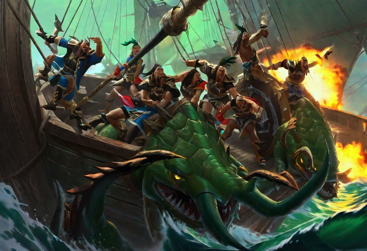 Warhammer Fantasy, Ork Pirates riding an enormous vicious turtle storm an Elven ship battling the crew and setting fires