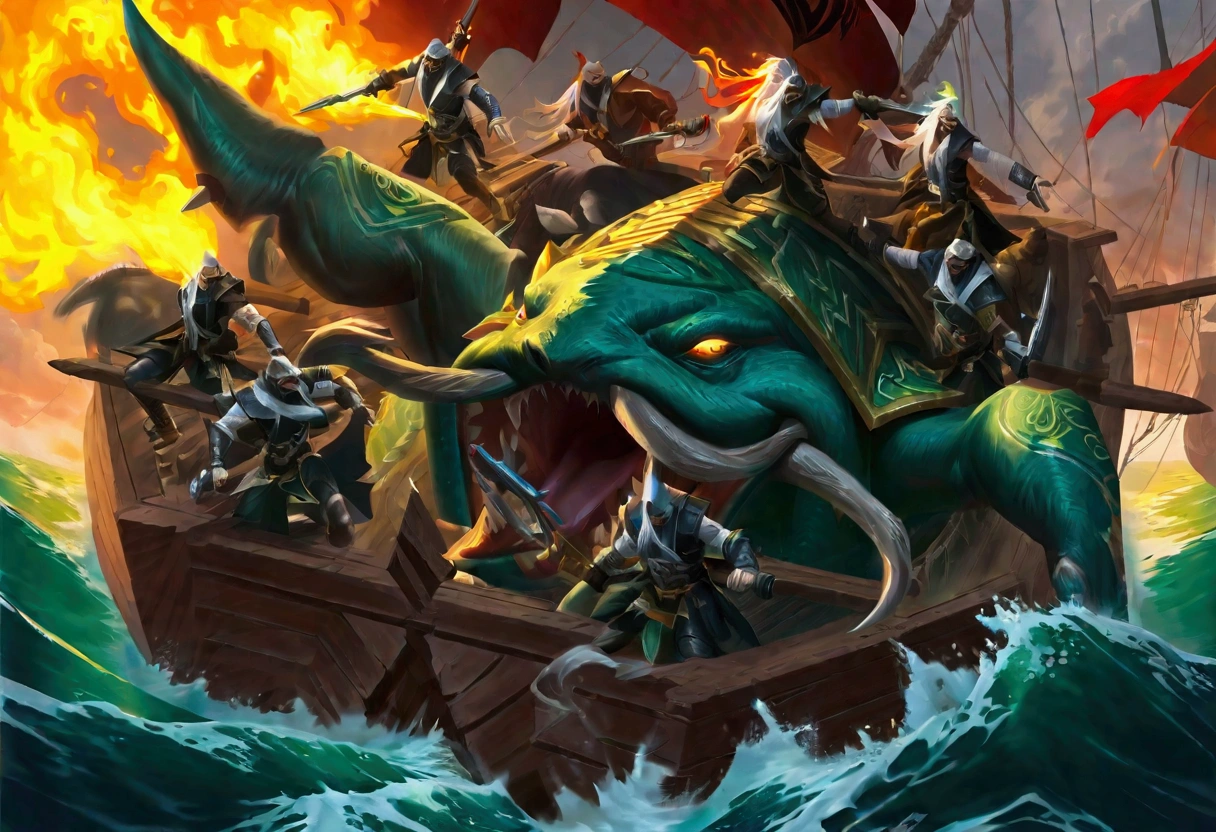 Warhammer Fantasy, Ork Pirates riding an enormous vicious turtle storm an Elven ship battling the crew and setting fires