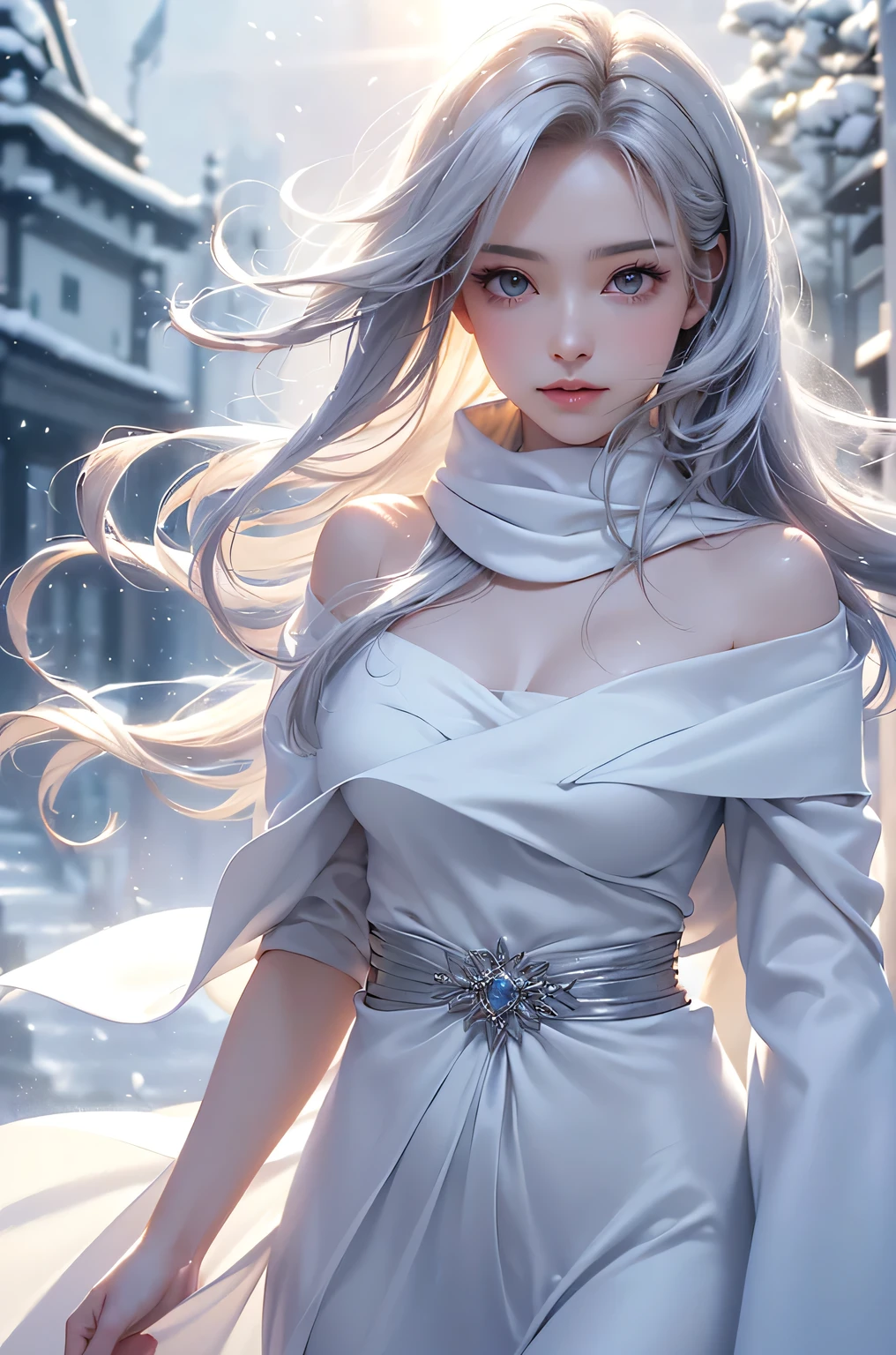 ((masterpiece:1.5、8k、Portraiture、Photorealistic and very detailed CG、Very detailed、Particle Effects、Dynamic Effects、Shallow depth of field、Cinematic Light、Lens flare、Ray Tracing、Tabletop、Realistic:1.4、Ultra-high resolution:1.2、Realistic、Realistic))((alone、,A woman wearing a cashmere coat over an off-the-shoulder dress:1.4、wear a long scarf、Elegant woman posing、Detailed face、brightexpression、young, bright, Whiter skin、Ample breasts、Best Looks、Ultimate beauty、Shiny silver hair with highlights、bright and shiny hair,、Super long, Silky straight hair、Hair dancing in the wind))(morning、The setting is outdoors in the snow、Surrounded by illuminations)
