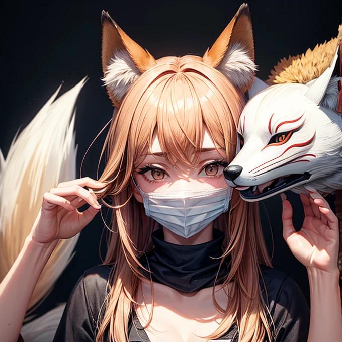 A woman hiding her face with a fox mask