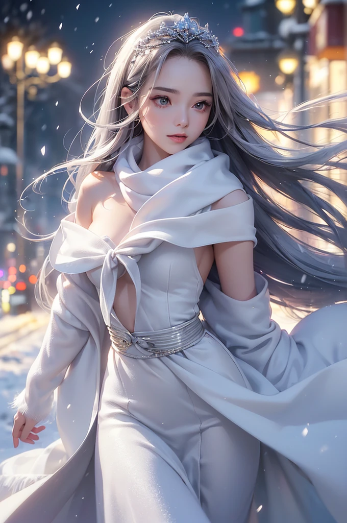 ((masterpiece:1.5、8k、Portraiture、フォトリアリスティックでVery detailedなCG、Very detailed、Particle Effects、Dynamic Effects、Shallow depth of field、Cinematic Light、Lens flare、Ray Tracing、Tabletop、Realistic:1.4、Ultra-high resolution:1.2、Realistic、Realistic))((alone、,A woman wearing a cashmere coat over an off-the-shoulder dress:1.4、wear a long scarf、Elegant woman posing、Detailed face、bright表情、young, bright, Whiter skin、Ample breasts、Best Looks、Ultimate beauty、Shiny silver hair with highlights、bright and shiny hair,、Super long, Silky straight hair、Hair dancing in the wind))(morning、The setting is outdoors in the snow、Surrounded by illuminations)
