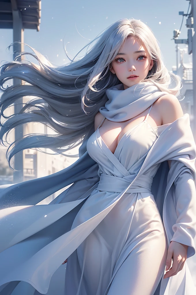 ((masterpiece:1.5、8k、Portraiture、フォトリアリスティックでVery detailedなCG、Very detailed、Particle Effects、Dynamic Effects、Shallow depth of field、Cinematic Light、Lens flare、Ray Tracing、Tabletop、Realistic:1.4、Ultra-high resolution:1.2、Realistic、Realistic))((alone、,A woman wearing a cashmere coat over an off-the-shoulder dress:1.4、wear a long scarf、Elegant woman posing、Detailed face、bright表情、young, bright, Whiter skin、Ample breasts、Best Looks、Ultimate beauty、Shiny silver hair with highlights、bright and shiny hair,、Super long, Silky straight hair、Hair dancing in the wind))(morning、The setting is outdoors in the snow、Surrounded by illuminations)