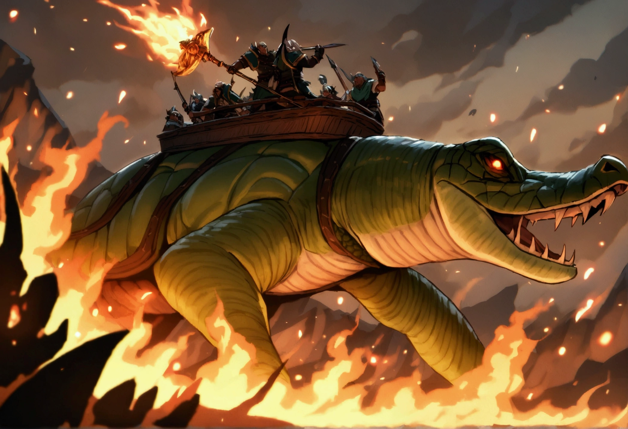 Warhammer Fantasy, Ork Pirates riding an enormous vicious turtle storm an Elven ship battling the crew and setting fires