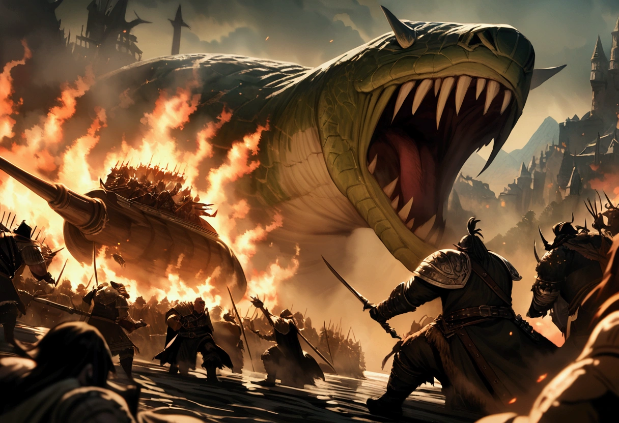 Warhammer Fantasy, Ork Pirates riding an enormous vicious turtle storm an Elven ship battling the crew and setting fires