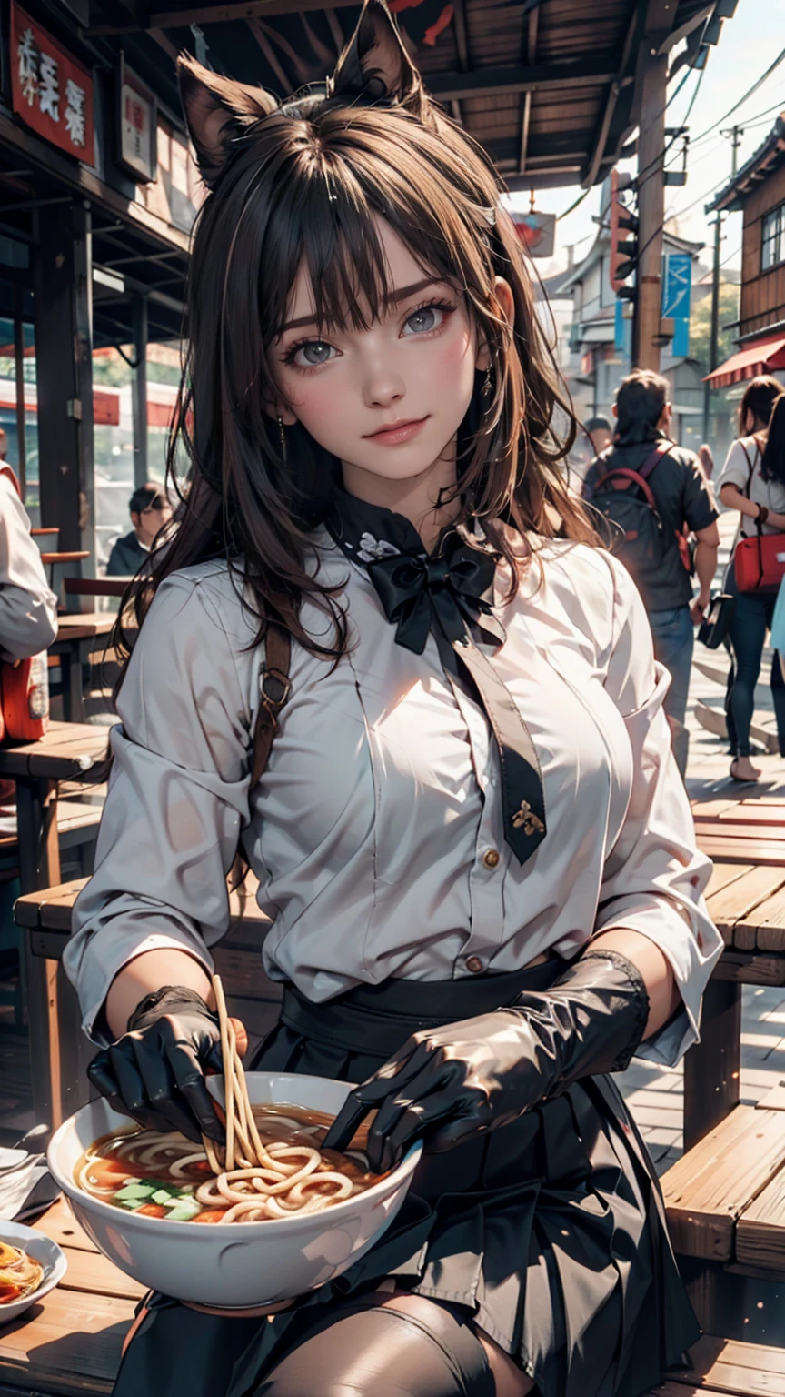 masterpiece, Highest quality, Seductive pose, Full-body wide-angle, smile, (Sitting:1.1) ,Ichiraku Ramen, (Eat ramen:1.0), Holding chopsticks and a ramen bowl, Sip the noodles,, Silence Suzuka (umamusume), Black gloves, White Skirt, Pleated skirt, Black Pantyhose, Layered sleeves, puffy short sleeve, Short or long sleeves, Black Bow, festival,