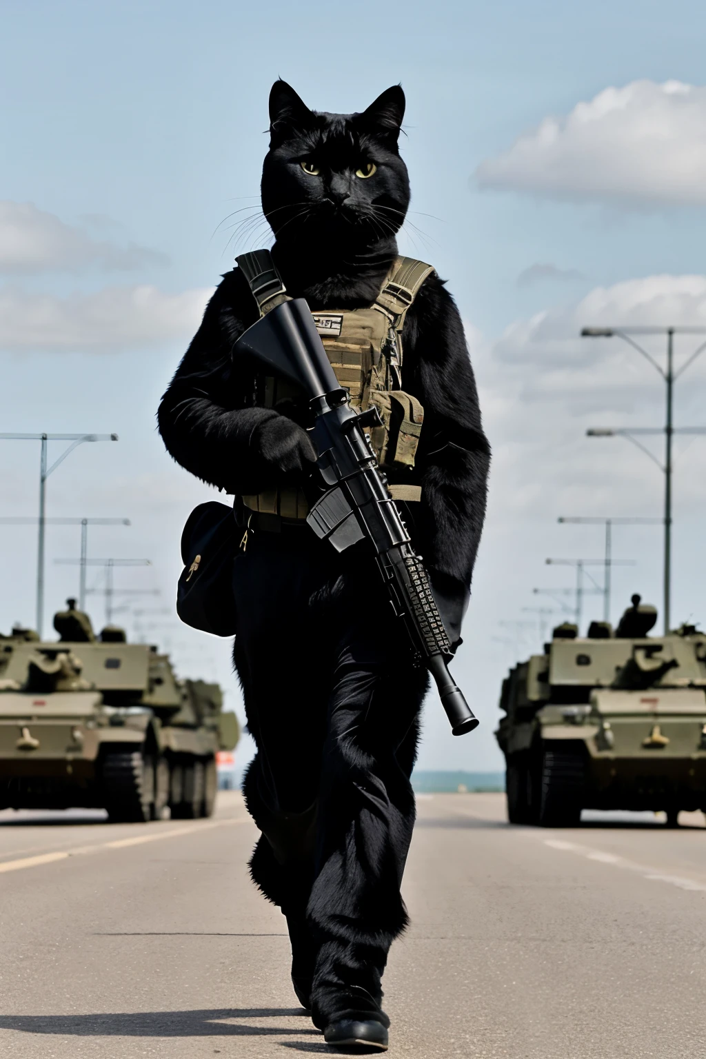 Picture of a realistic, black, fluffy cat.,ใส่military uniform,The left hand holds an M16 gun.,Carrying a bag on the back,
