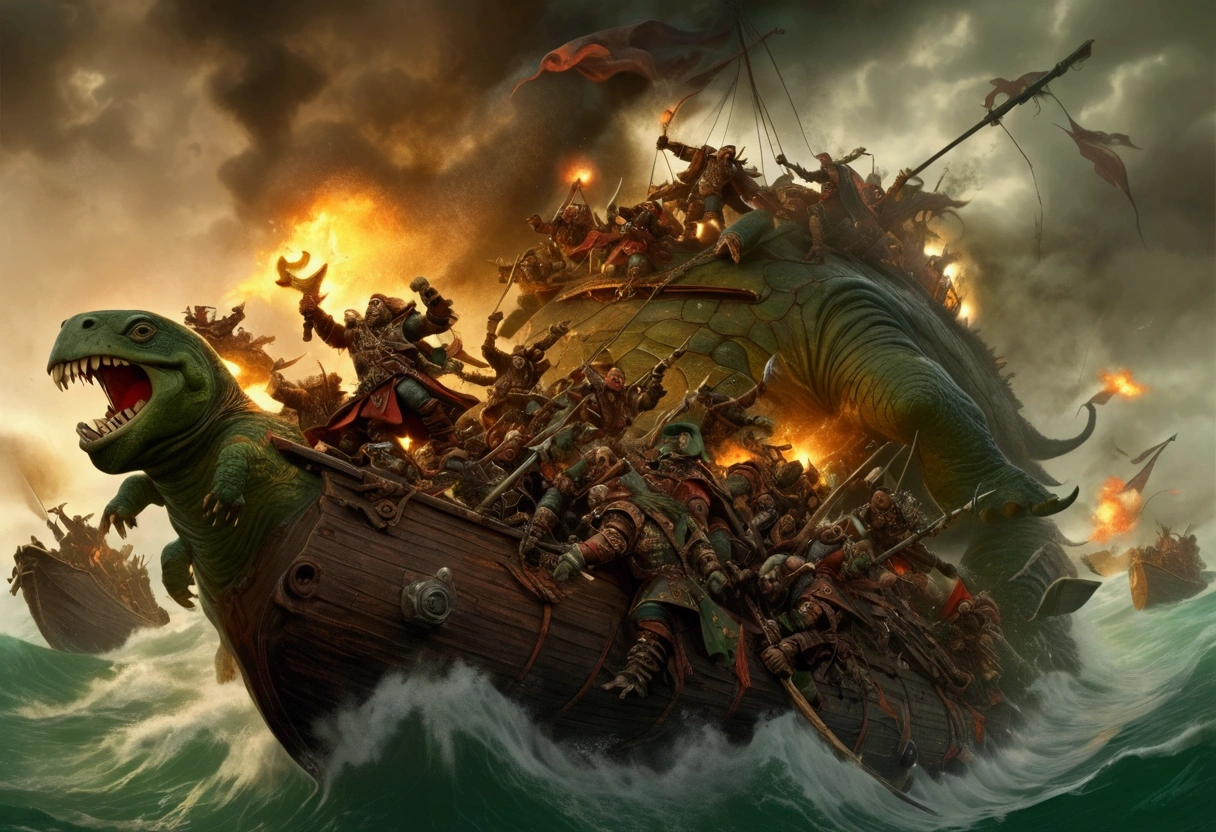 Warhammer Fantasy, Ork Pirates riding an enormous vicious turtle storm an Elven ship battling the crew and setting fires