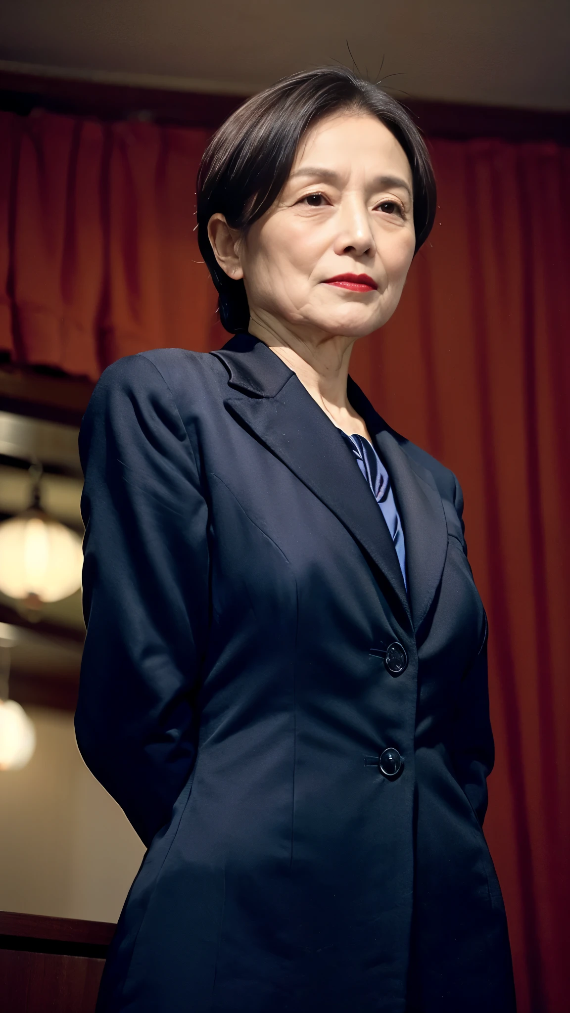 masterpiece, ((Great Focus)), 32K, Beautiful finish, Beautiful mature woman, 65-year-old woman, Photo of your ID, director, View from the front, A disdainful look, Cool look, Red lips, Thin lips, suit, Light from the front,