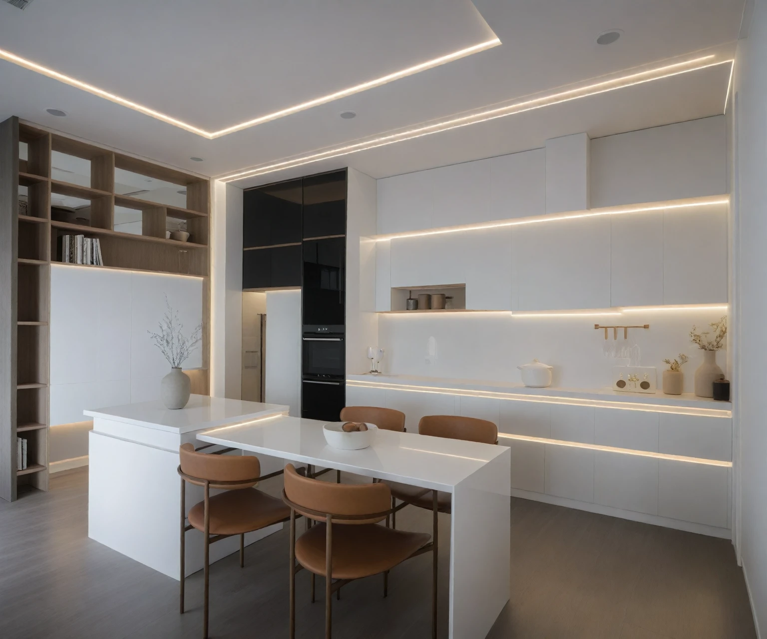 Raw photo,Masterpiece, high quality, best quality, authentic, super detail, indoors, interior ,(( dining room : 1.3)), modern style, daylight, (WHITE WALL), (((the right corridor )))