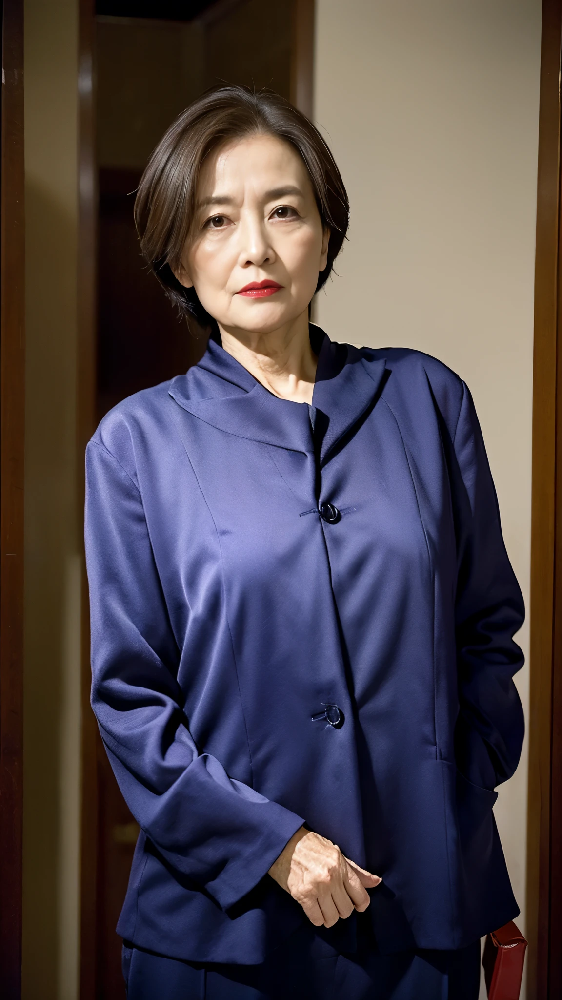 masterpiece, ((Great Focus)), 32K, Beautiful finish, Beautiful mature woman, 65-year-old woman, Photo of your ID, director, View from the front, A disdainful look, Cool look, Red lips, Thin lips, suit, Light from the front,