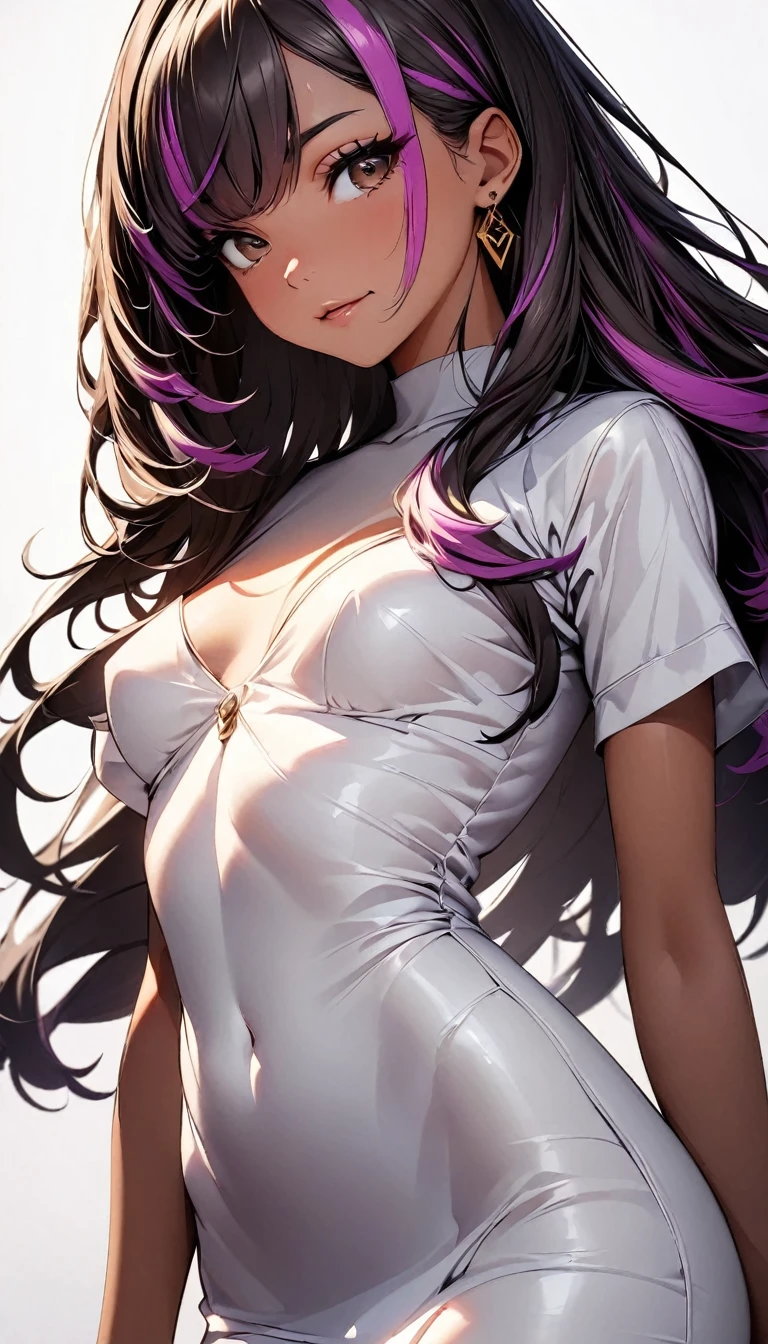 (highest quality:1.2, Very detailed, up to date, Vibrant, Ultra-high resolution, High Contrast, masterpiece:1.2, highest quality, Best aesthetics), Portraiture、girl、((25-years-old:1)), black Hourglass line dress, Bright colors、Beautiful fine details、Beautiful lip detail, long hair、black and purple ((streaked hair:1.6)), highlights hair: 1.5, brown eyes, gold earrings, ((slim body:1.4)), (small breast:0.7), (dark skin:0.5)), standing, Front facing, (No background:1.4), ((Plain white background:1.3)), (cowboy shot:1.5), look at viewer