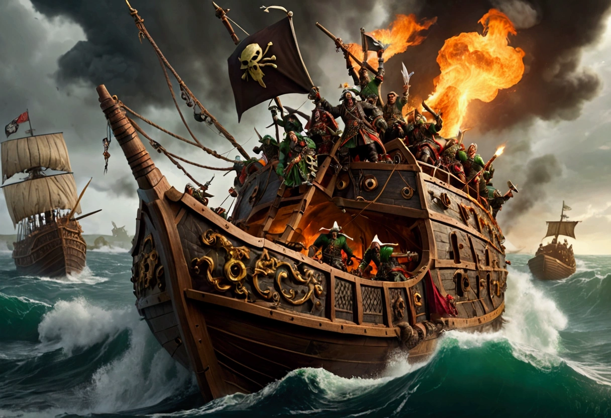 Warhammer Fantasy, Ork Pirates riding an enormous vicious turtle storm an Elven ship battling the crew and setting fires