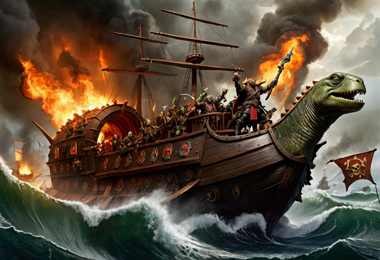 Warhammer Fantasy, Ork Pirates riding an enormous vicious turtle storm an Elven ship battling the crew and setting fires
