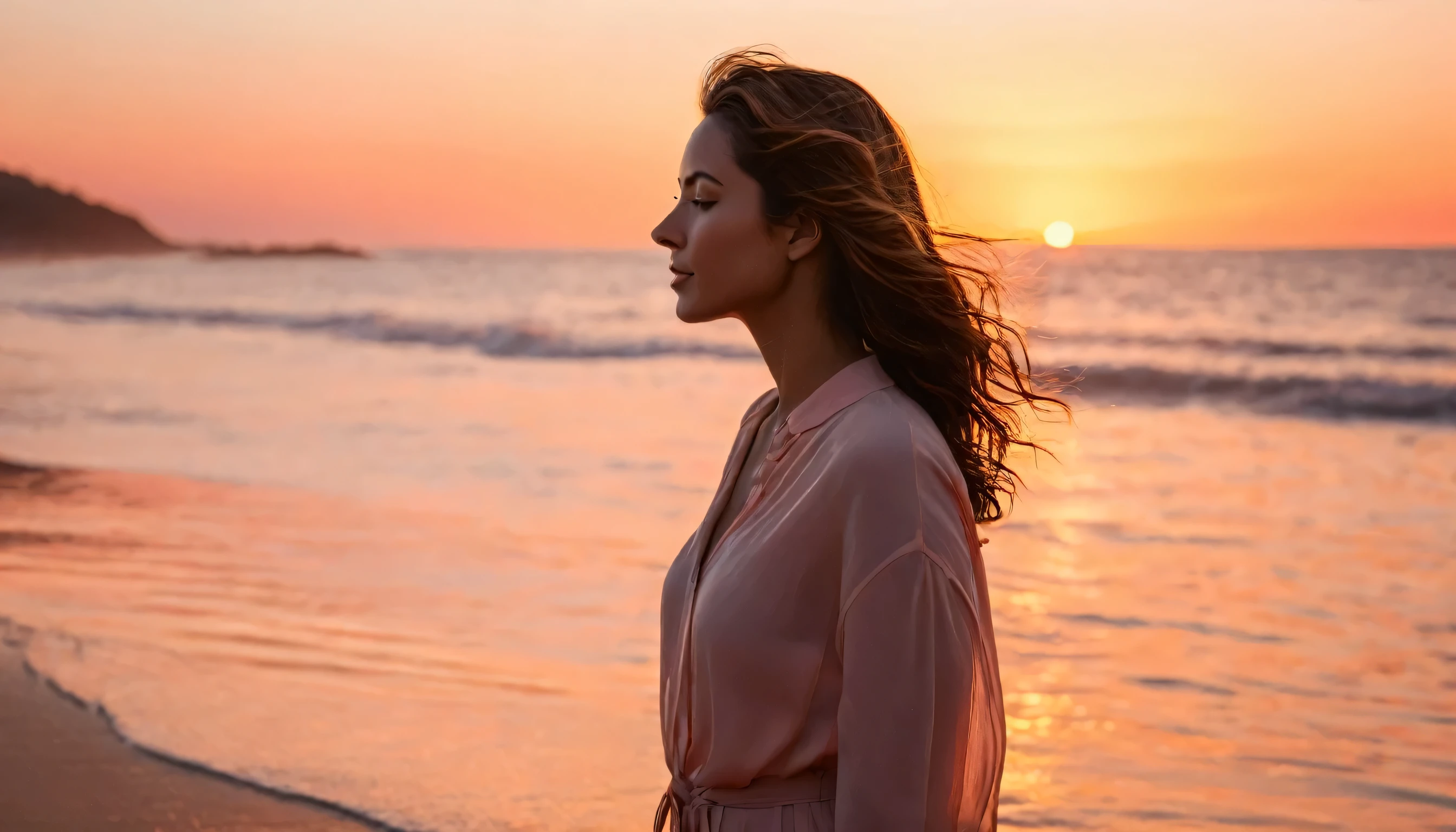 silhouette of a woman on a beach at golden hour, backlit, 16:9, half body, ocean horizon, warm sunset glow, photorealistic, clear outline, cinematic, soft orange and pink sky, realistic, high contrast, calm waves, natural light
