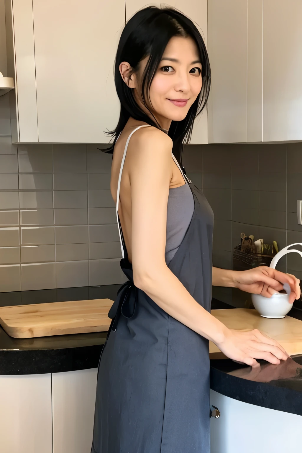 Back view of a skinny Japanese woman, 40-years-old, standing at a kitchen. She has small breasts and thin waist, a cute face and black hair, detailed face, detailed eyes. She is wearing only an apron on nude.