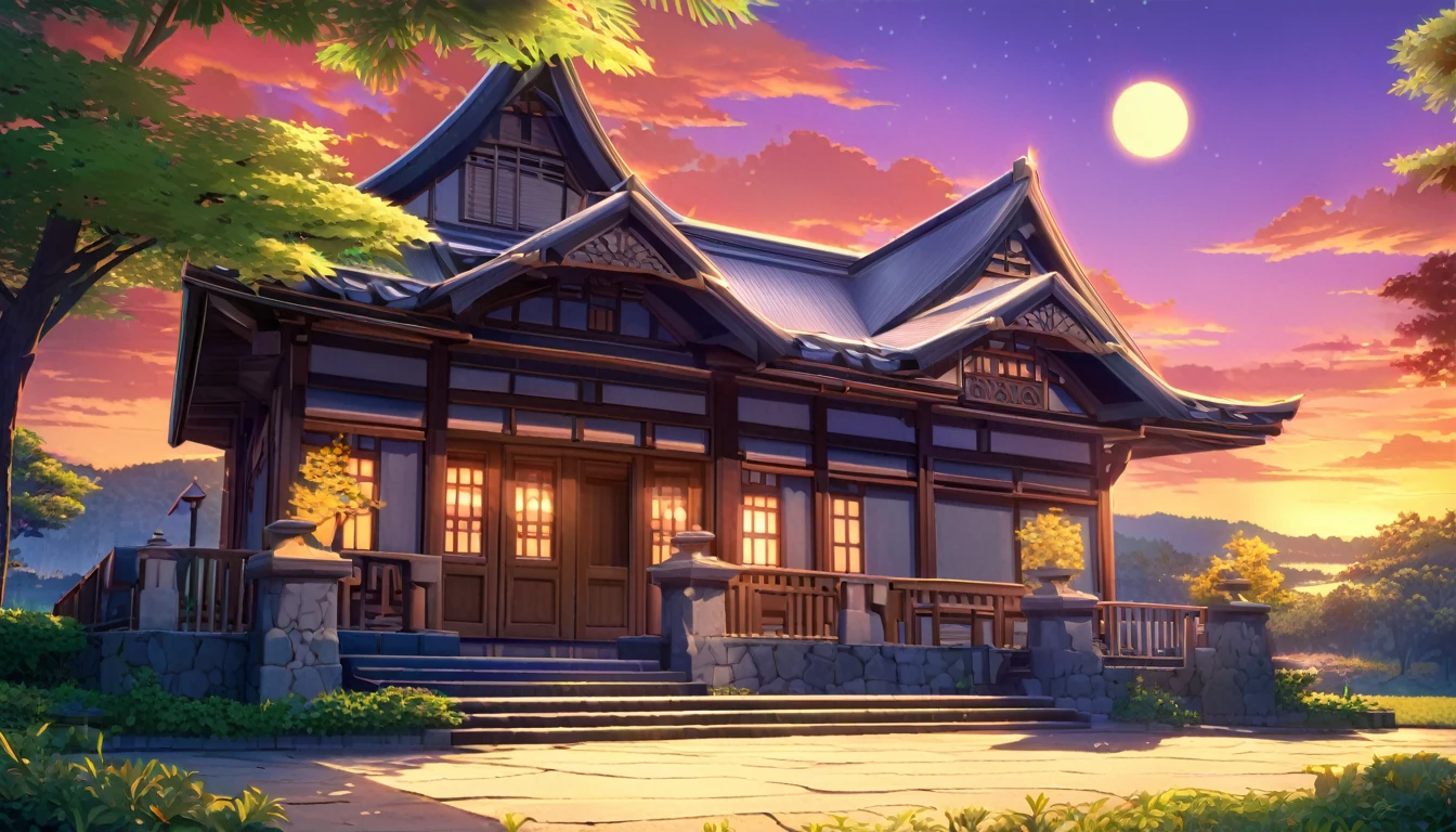 detailed anime landscape, beautiful countryside park at after sunset, small moon, serene scenic view, detailed environment, highly detailed scenery, photorealistic, ultra-detailed, 8k, masterpiece, studio lighting, vivid colors, dramatic lighting, warm color palette, atmospheric lighting, natural lighting, cinematic composition, beautiful sky, detailed foliage, detailed architecture, peaceful atmosphere