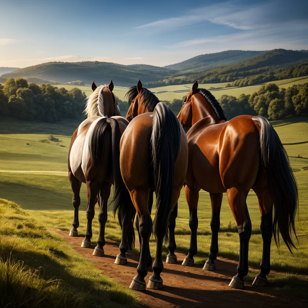 a herd of 100 horses, horses rear end, detailed horses, beautiful detailed horse, horses facing away, photorealistic, ultra-detailed, 8k, best quality, masterpiece, realistic, vivid colors, natural lighting, wide angle, outdoor scene, countryside