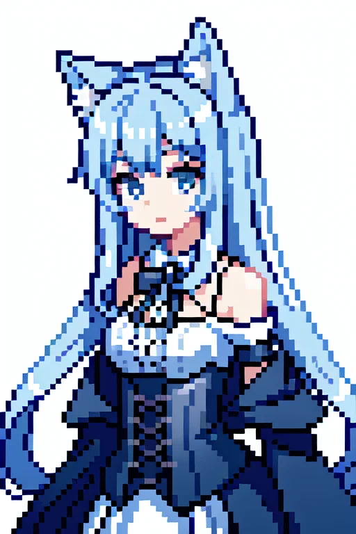 ((best qualityer)), ((work of art)), (detailded), a youthful-looking witch who has cat ears. In a white dress with a corset. Light blue hair