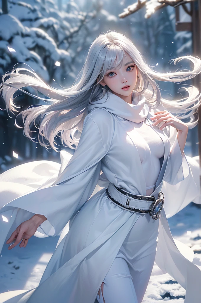 ((masterpiece:1.5、8k、Portraiture、フォトリアリスティックでVery detailedなCG、Very detailed、Particle Effects、Dynamic Effects、Shallow depth of field、Cinematic Light、Lens flare、Ray Tracing、Tabletop、Realistic:1.4、Ultra-high resolution:1.2、Realistic、Realistic))((alone、,オフショルダーのドレスの上にカシミアのcoatを着た女性:1.4、wear a long scarf、belt、coat、Elegant woman posing、Detailed face、bright表情、young, bright, Whiter skin、Ample breasts、Best Looks、Ultimate beauty、Shiny silver hair with highlights、bright and shiny hair,、Super long, Silky straight hair、Hair dancing in the wind))(morning、The setting is outdoors in the snow、Surrounded by illuminations)