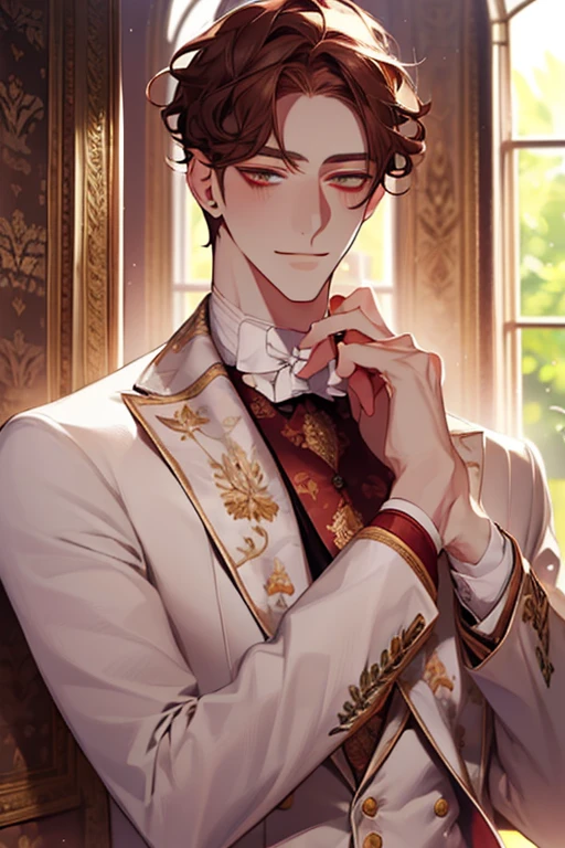 masterpiece, best quality, realistic, 1man, mature male, quiet and charming young man, 28 years old, adorable, closed mouth, portrait, extremely detailed face, soft smile, ((dark amber eyes)), ((short-sides-swept curly light brown hair)), [thick eyebrows], living-room, ((white suit))