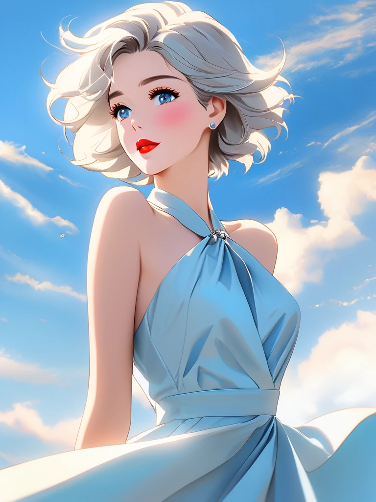 Best quality, pastel color theme, sky background, beautiful face and skin, (1 adult female), close up on lips, pale face, short hair, windblown, silver hair, (shiny red lips tightly closed), blue topaz eyes, slanted eyes, model pose, full body, wide angle, cleavage, loose halter neck sleeveless dress,