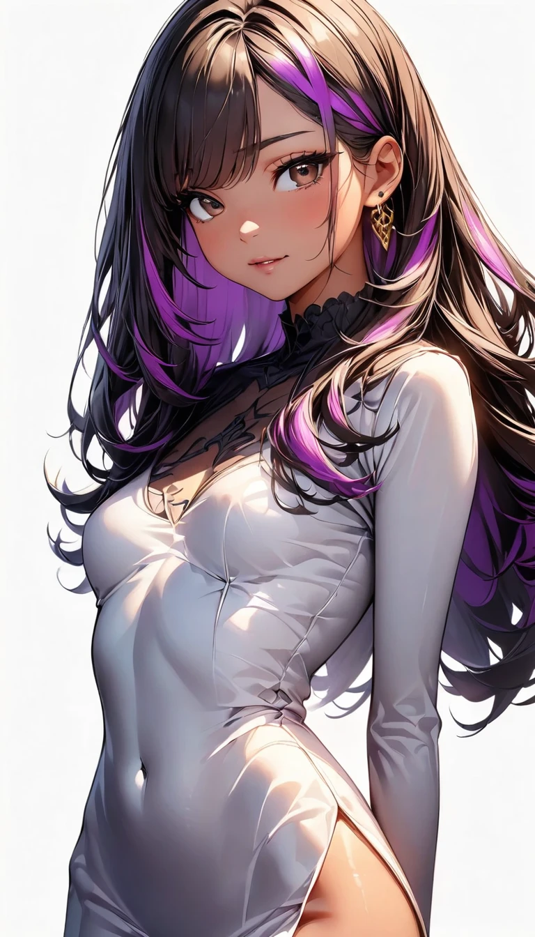 (highest quality:1.2, Very detailed, up to date, Vibrant, Ultra-high resolution, High Contrast, masterpiece:1.2, highest quality, Best aesthetics), Portraiture、girl、((25-years-old:1)), black Hourglass line dress, Bright colors、Beautiful fine details、Beautiful lip detail, long hair、black and purple ((streaked hair:1.6)), highlights hair: 1.5, brown eyes, gold earrings, ((slim body:1.4)), (small breast:0.7), (dark skin:0.5)), standing, Front facing, (No background:1.4), ((Plain white background:1.3)), (cowboy shot:1.5), look at viewer